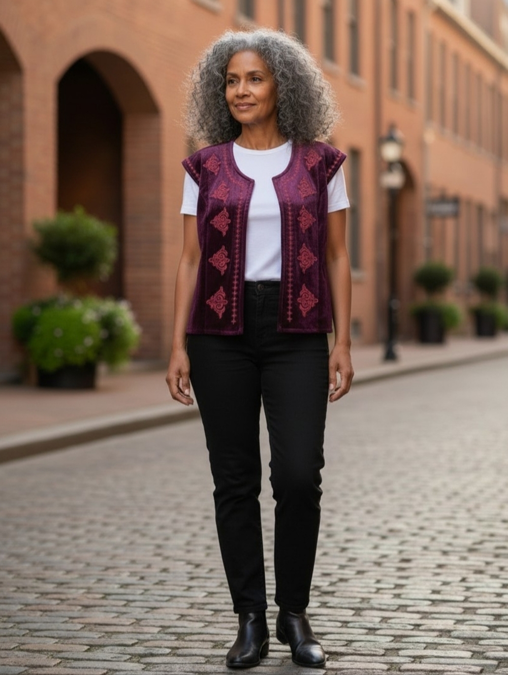Purple Velvet Vest with Red Embroidery